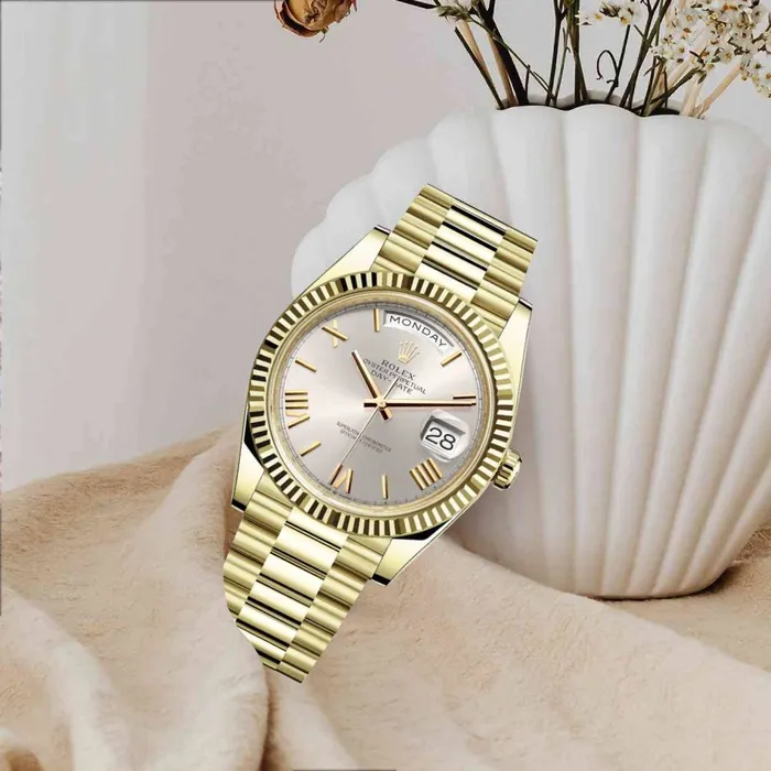 Rolex Bracelets Rolex Day Date 40mm Ref 2282380002 Silver Roman Dial Fluted Bezel 18K Yellow Gold President Bracelet Mens Watch