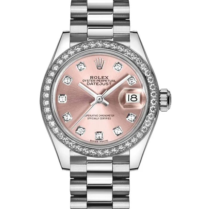 Rolex LadyDatejust 28mm Ref 279136rbr0005 Pink Diamond Dial Diamond Bezel 18K White Gold Presidential Bracelet Womens Watch Rolex Bracelets