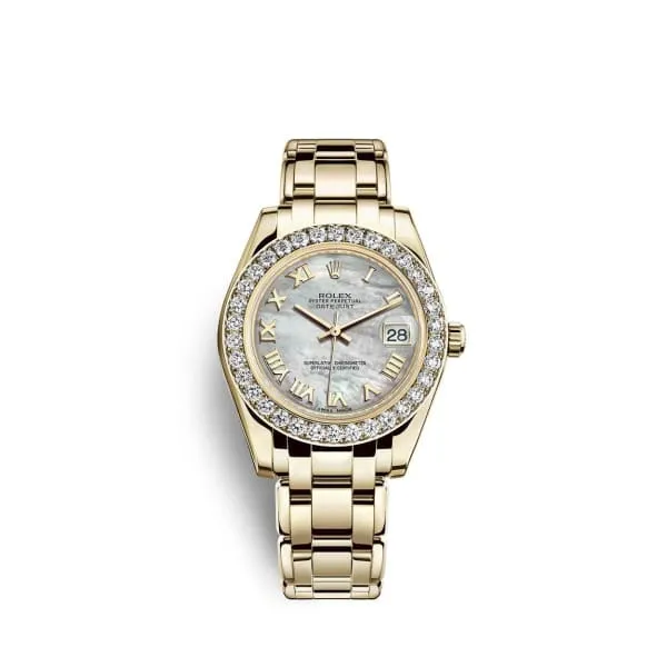 Rolex Pearlmaster 34mm Ref 812980004 White mother of Pearl Roman Diamond Dial Diamond Bezel 18K Yellow Gold Bracelet Womens Watch Rolex Bracelets Rolex Pearlmaster 34mm Ref 812980004 White mother of Pearl Roman Diamond Dial Diamond Bezel 18K Yellow Gold Bracelet Womens Watch Rolex Bracelets