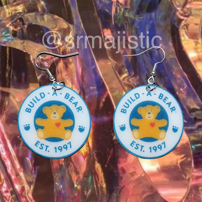 Sam Makes Things Earrings Build a Bear Logo Tag 2D cute detailed Handmade Earrings