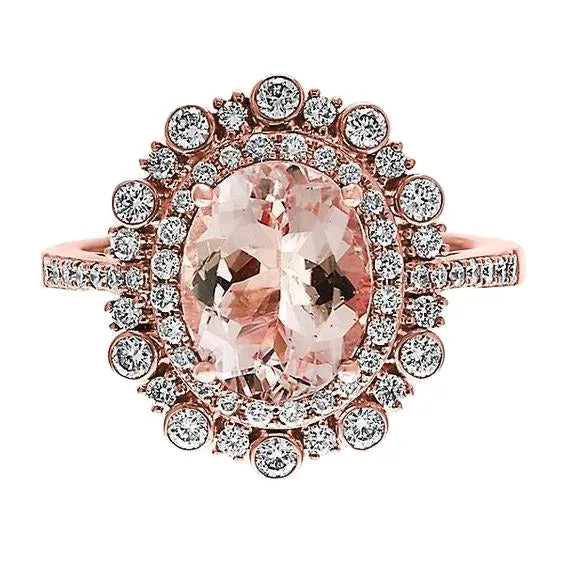 1075 Ct Morganite And Natural Earth Mined Diamonds Anniversary Ring Gold Rose 14K GB Rings