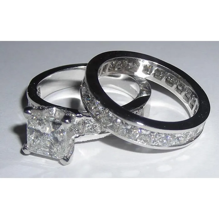 251 Carats Princess Cut Pave Natural Earth Mined Diamond Engagement Ring Set GB Rings