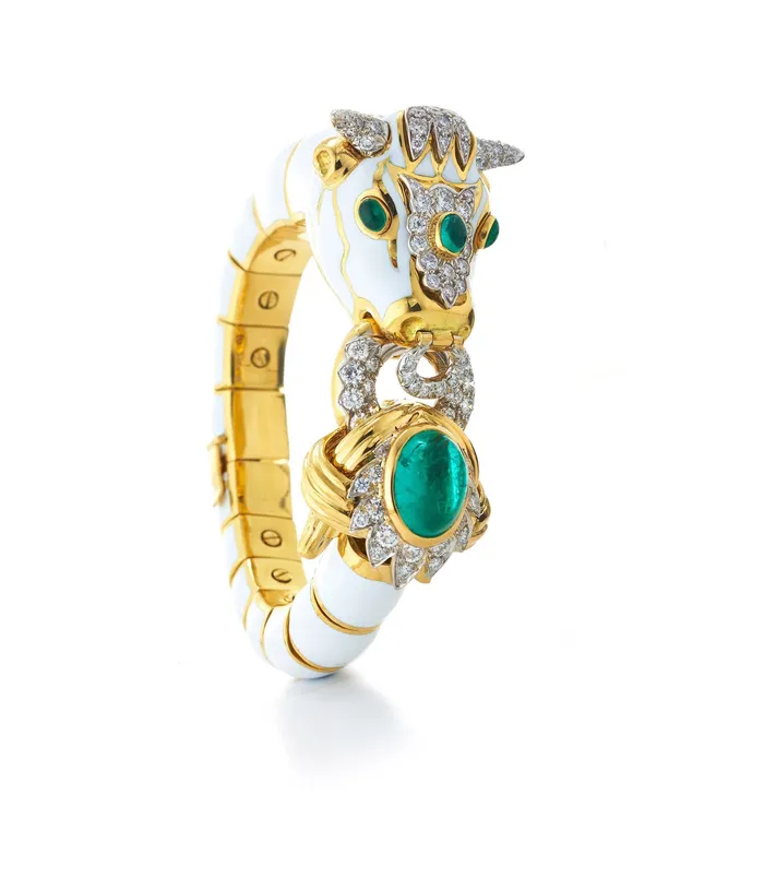 Bracelets David Webb Workshop Bull Bracelet White Enamel Emerald