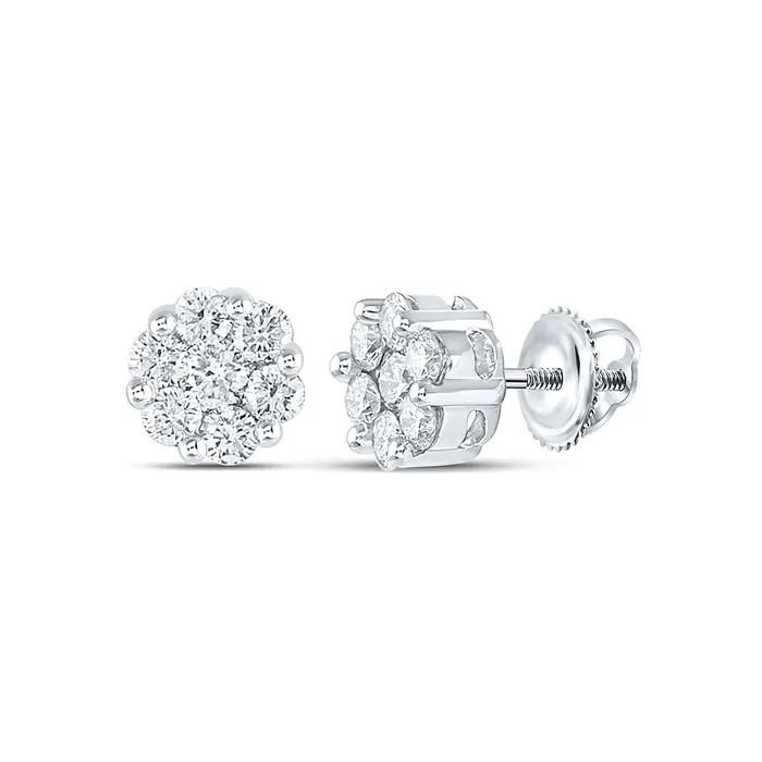 Earrings GND 14kt White Gold Womens Round Diamond Flower Cluster Earrings 1 Cttw GND Earrings GND 14kt White Gold Womens Round Diamond Flower Cluster Earrings 1 Cttw GND