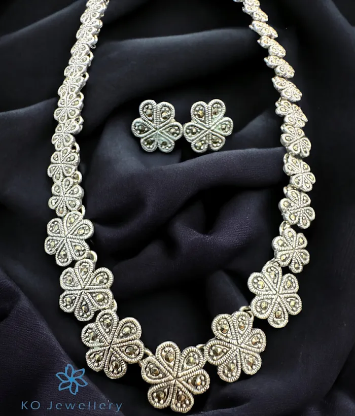 Earrings The Clora Floral Silver Marcasite Necklace Earrings Marcasite