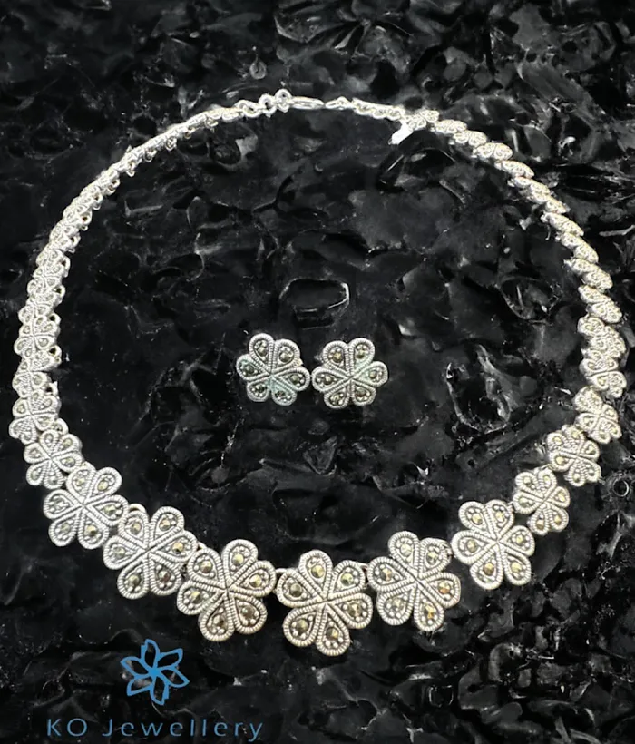 Earrings The Clora Floral Silver Marcasite Necklace Earrings Marcasite