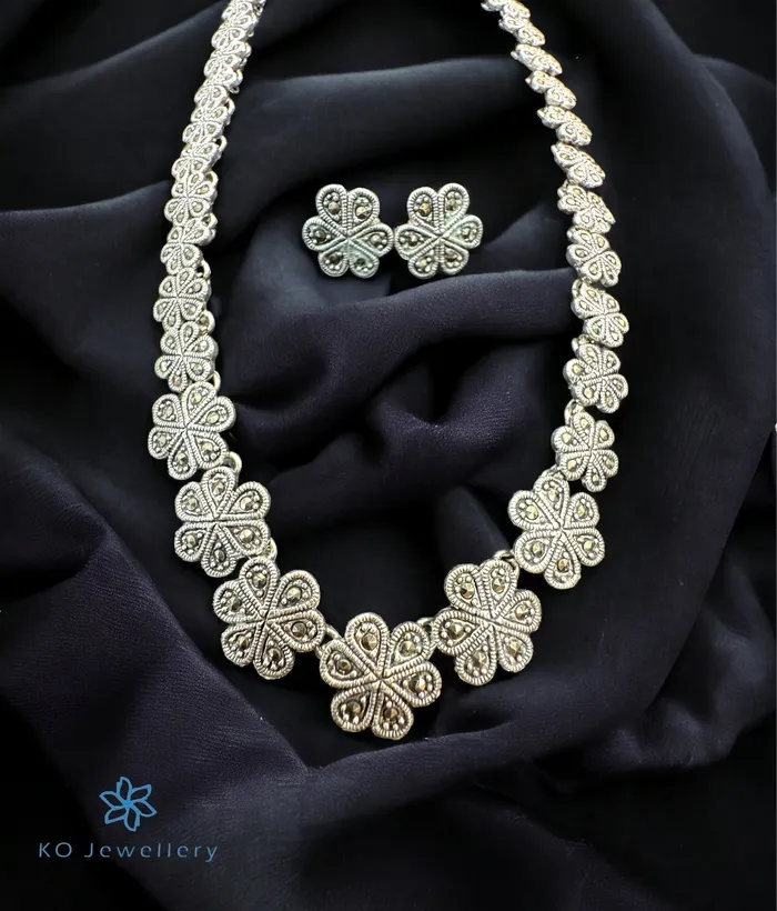 Earrings The Clora Floral Silver Marcasite Necklace Earrings Marcasite