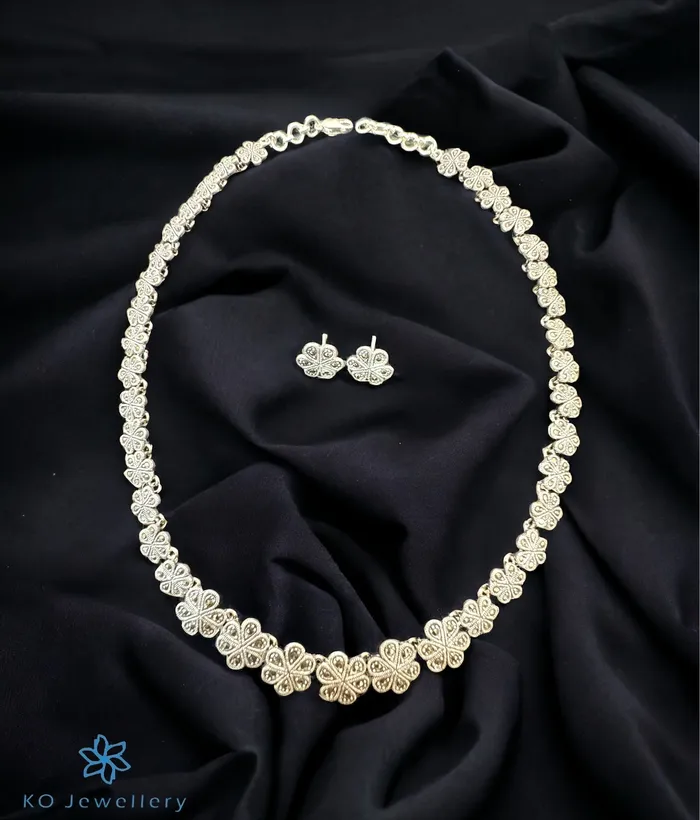 Earrings The Clora Floral Silver Marcasite Necklace Earrings Marcasite