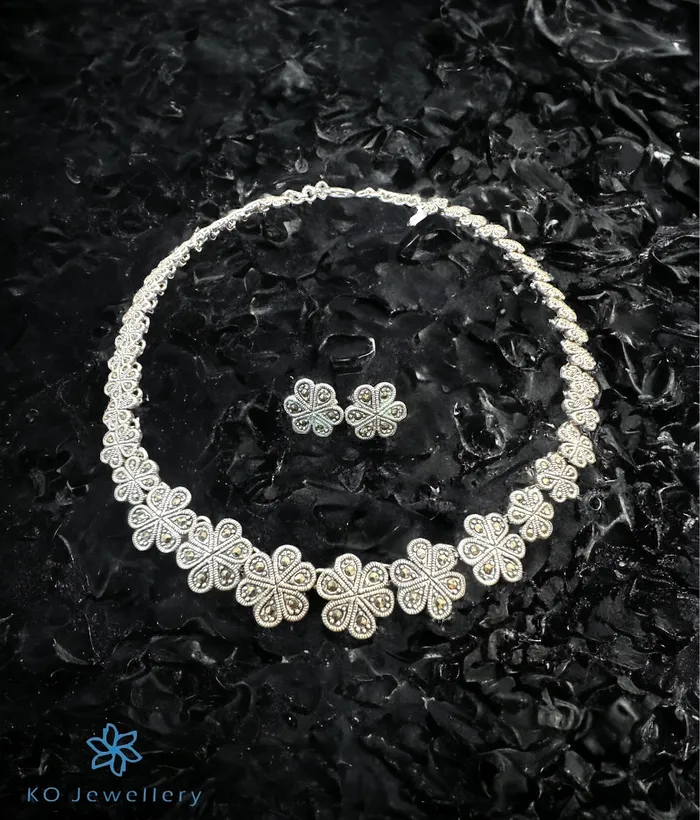 Earrings The Clora Floral Silver Marcasite Necklace Earrings Marcasite