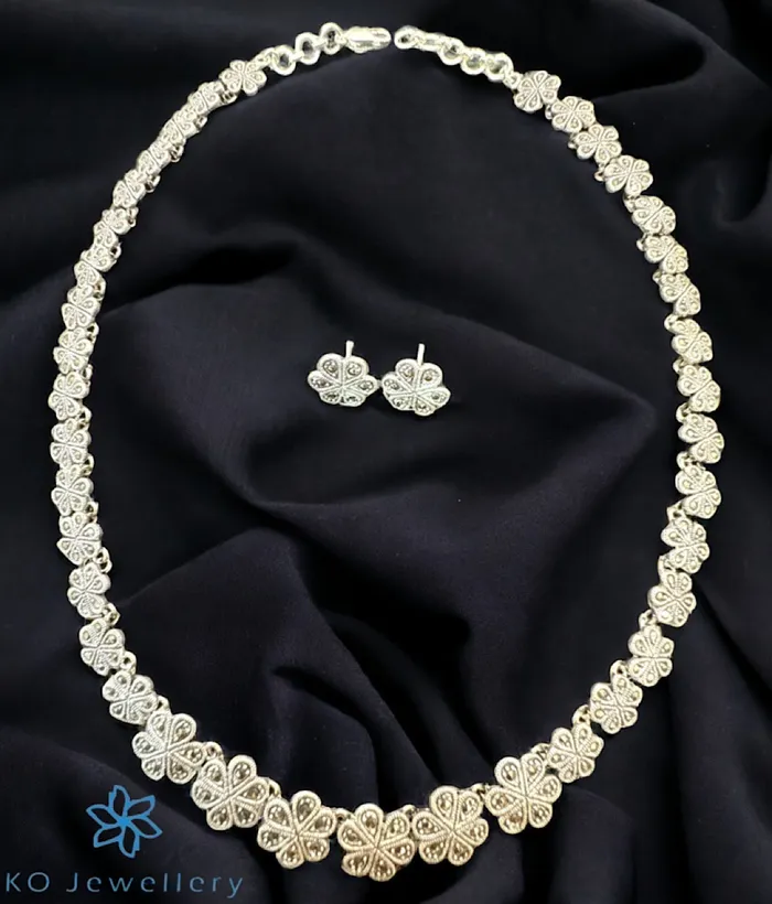 Earrings The Clora Floral Silver Marcasite Necklace Earrings Marcasite