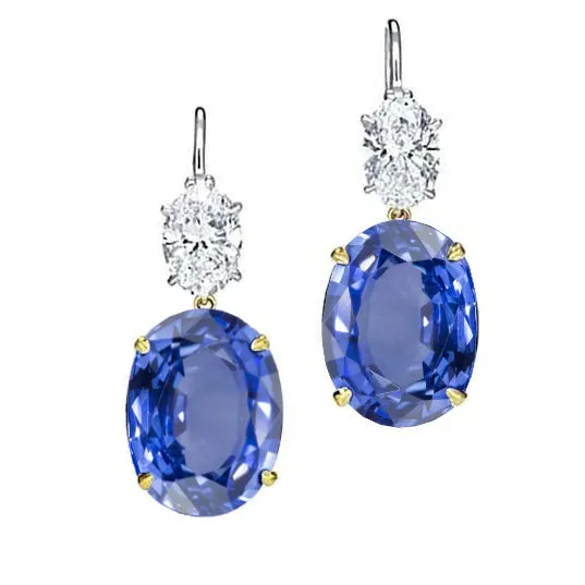 GB Earrings 6 Carat Oval Ceylon Sapphire Natural Earth Mined Diamonds Dangle Earring Two Tone Gold