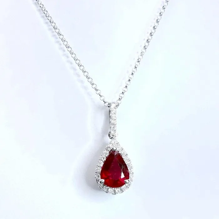 GB Necklaces Pear Cut Ruby And Natural Earth Mined Diamond Necklace Pendant 4 Carats White Gold 14K GB Necklaces Pear Cut Ruby And Natural Earth Mined Diamond Necklace Pendant 4 Carats White Gold 14K