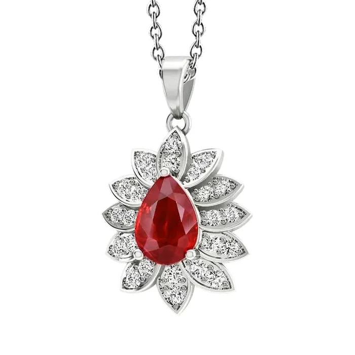 GB Necklaces Red Ruby And Natural Earth Mined Diamonds Lady Pendant Necklace 375 Carats WG 14K GB Necklaces Red Ruby And Natural Earth Mined Diamonds Lady Pendant Necklace 375 Carats WG 14K