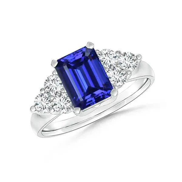 GB Rings 4 Ct Emerald Cut Ceylon Blue Sapphire And Round Natural Earth Mined Diamond Wedding Ring