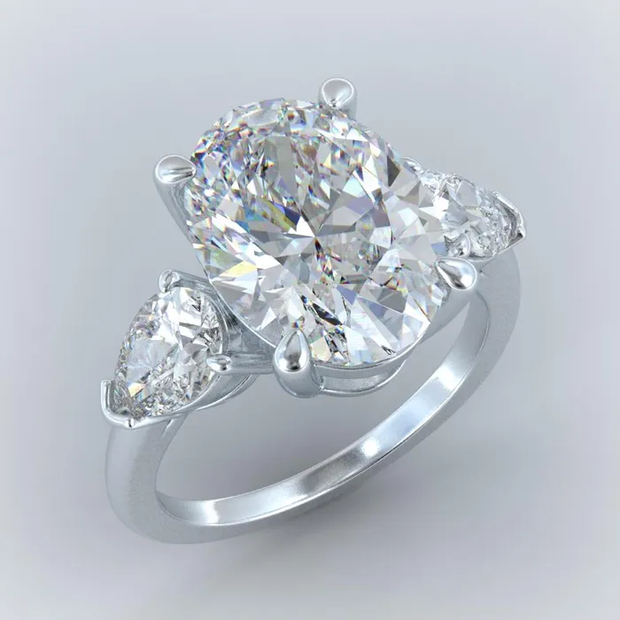 GB Rings Huge Oval Pear Lab Grown Diamond 3 Stone Engagement Ring White Gold 14K