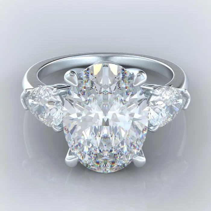 GB Rings Huge Oval Pear Lab Grown Diamond 3 Stone Engagement Ring White Gold 14K