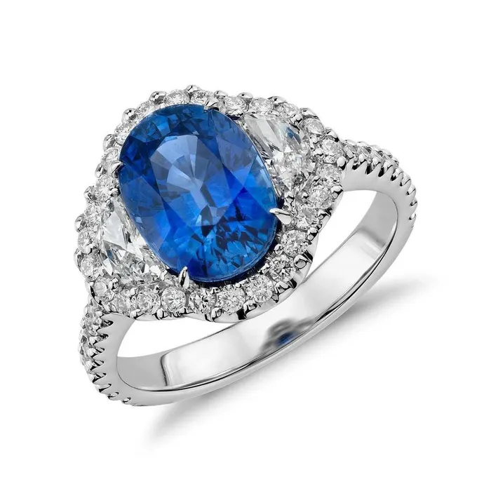 GB Rings Oval Blue Sapphire And Natural Earth Mined Diamond Ring White Gold Jewelry 2 Ct