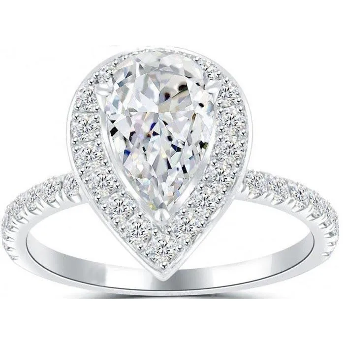 GB Rings Pear With Round Genuine Lab Grown Diamond Engagement Big Halo Ring 11 Carat White Gold 14K GB Rings Pear With Round Genuine Lab Grown Diamond Engagement Big Halo Ring 11 Carat White Gold 14K