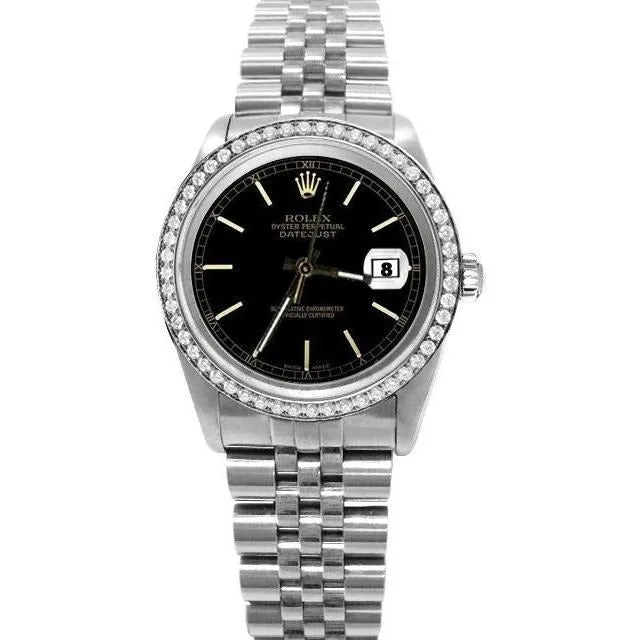 GB Watches Black Stick Dial Rolex Date Just Ss Diamond Bezel Watch
