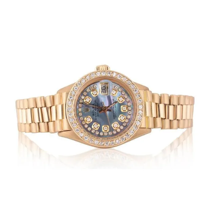 GB Watches Bluish Gray Mop String Diamond Dial Ladies Yellow Gold Rolex Watch GB Watches Bluish Gray Mop String Diamond Dial Ladies Yellow Gold Rolex Watch