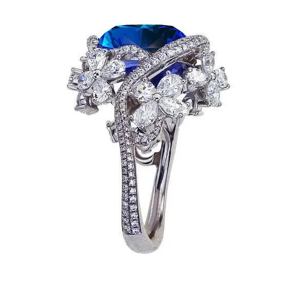 GB White Gold 14K Pear Cut Blue Sapphire With Natural Earth Mined Diamonds Ring 950 Carats Rings
