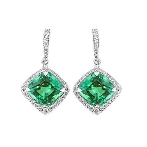 Ladies Dangle Earrings 6 Ct Green Emerald With Natural Earth Mined Diamonds White Gold 14K GB Earrings
