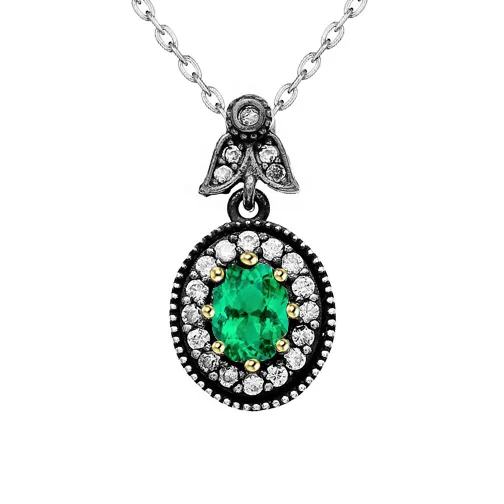 Necklaces HarryChadEntcom Oval Halo Pendant Green Emerald Real Diamond Necklace Necklaces HarryChadEntcom Oval Halo Pendant Green Emerald Real Diamond Necklace