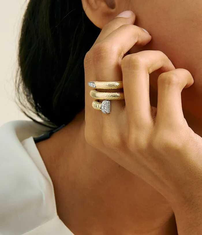 Rings David Webb Workshop Large Diamond Nail Ring Hammered 18K Gold Rings David Webb Workshop Large Diamond Nail Ring Hammered 18K Gold