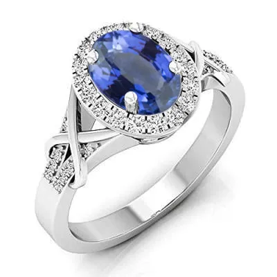 Rings GB Oval Cut Ceylon Sapphire And Round Natural Earth Mined Diamond Ring Gold 180 Ct