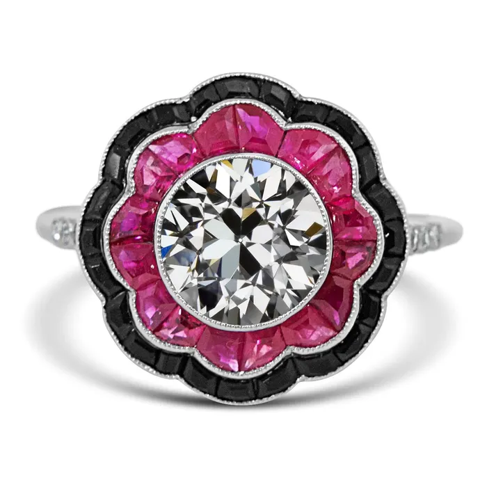 Rings HarryChadEntcom Halo Art Deco Jewelry New Old Cut Ring Black Onyx Pink Sapphire Flower Style Rings HarryChadEntcom Halo Art Deco Jewelry New Old Cut Ring Black Onyx Pink Sapphire Flower Style