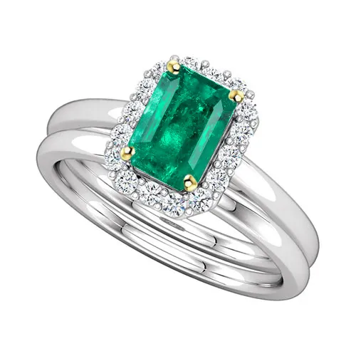 Rings HarryChadEntcom Halo Zambian Green Emerald Ring Set Matching Band 14K Gold