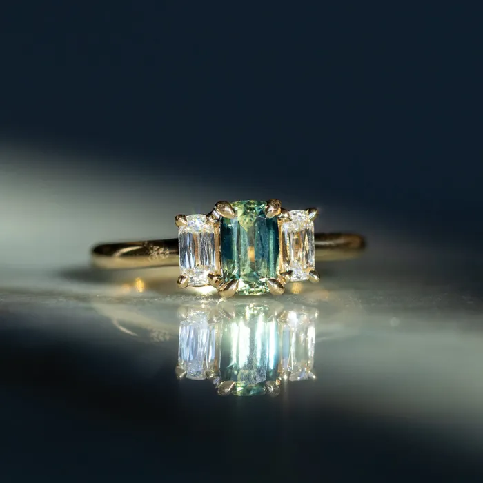 087ct Modern Elongated Cushion Australian Sapphire and Matching Diamond Three Stone Low Profile Ring in 18k Yellow Gold Armfest sapphires Rings