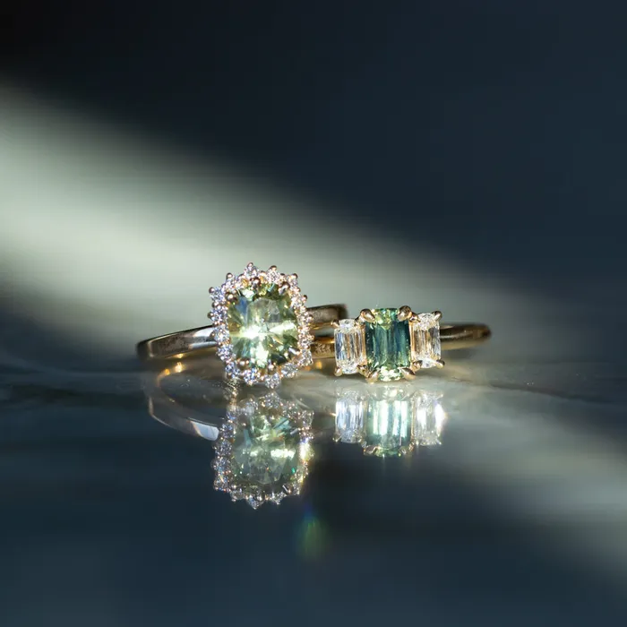087ct Modern Elongated Cushion Australian Sapphire and Matching Diamond Three Stone Low Profile Ring in 18k Yellow Gold Armfest sapphires Rings