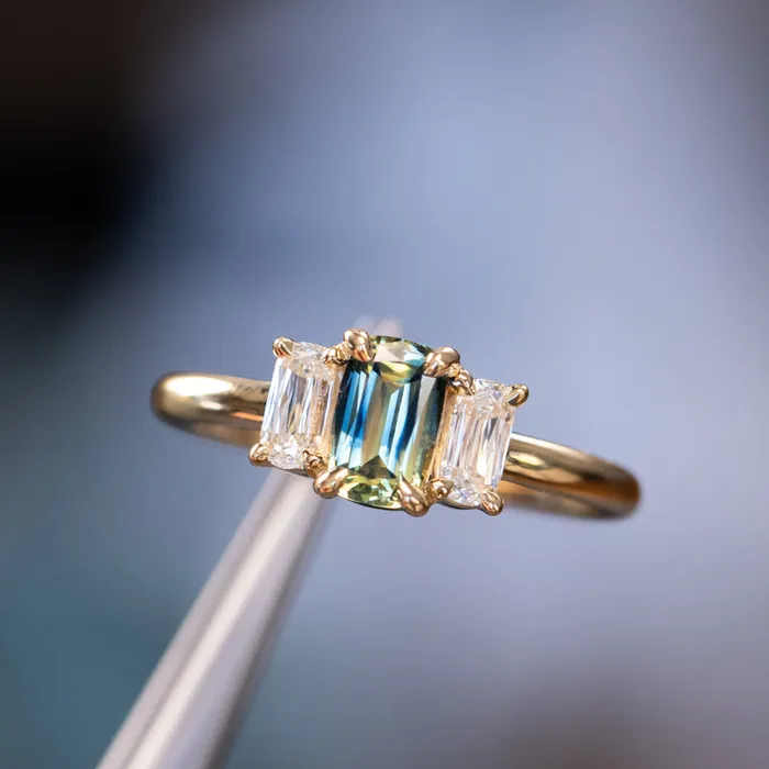 087ct Modern Elongated Cushion Australian Sapphire and Matching Diamond Three Stone Low Profile Ring in 18k Yellow Gold Armfest sapphires Rings