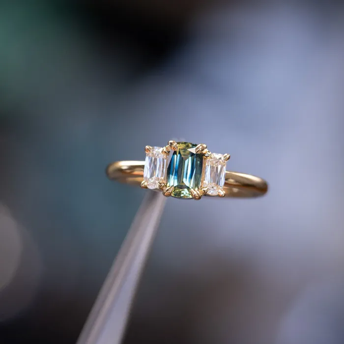 087ct Modern Elongated Cushion Australian Sapphire and Matching Diamond Three Stone Low Profile Ring in 18k Yellow Gold Armfest sapphires Rings