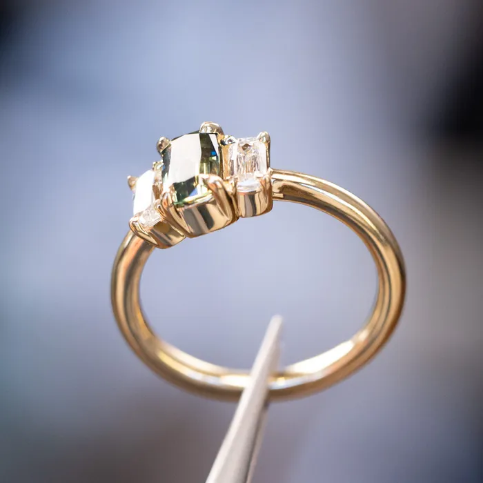 087ct Modern Elongated Cushion Australian Sapphire and Matching Diamond Three Stone Low Profile Ring in 18k Yellow Gold Armfest sapphires Rings