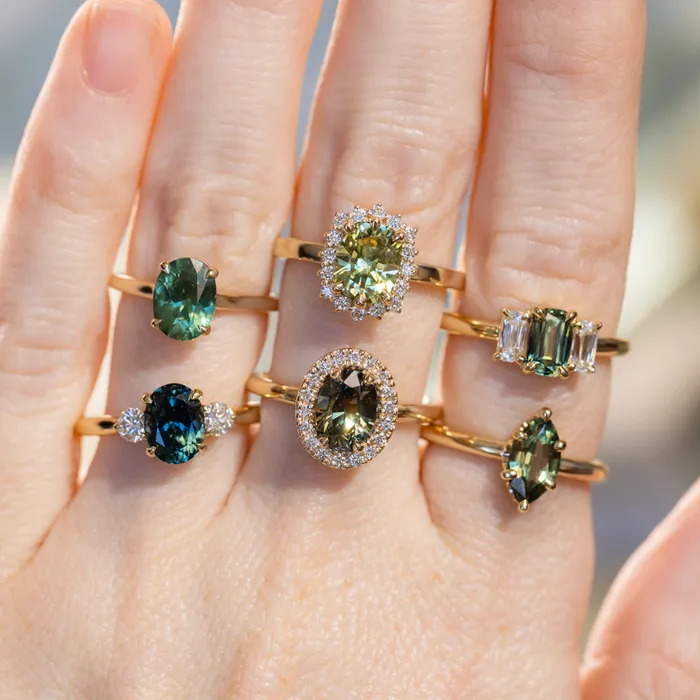 087ct Modern Elongated Cushion Australian Sapphire and Matching Diamond Three Stone Low Profile Ring in 18k Yellow Gold Armfest sapphires Rings
