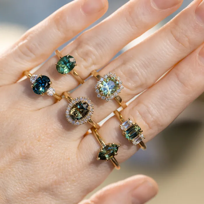 087ct Modern Elongated Cushion Australian Sapphire and Matching Diamond Three Stone Low Profile Ring in 18k Yellow Gold Armfest sapphires Rings