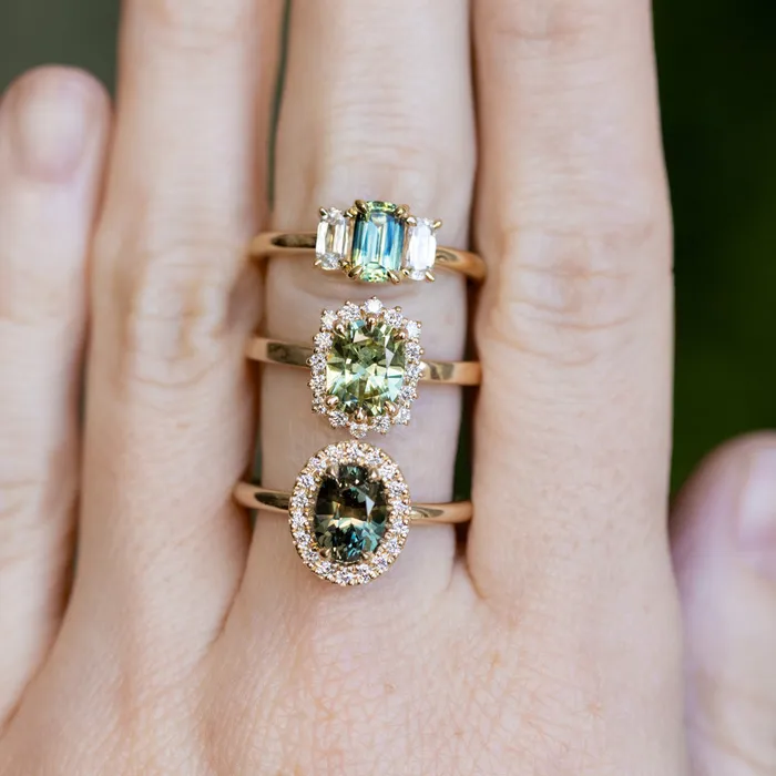 087ct Modern Elongated Cushion Australian Sapphire and Matching Diamond Three Stone Low Profile Ring in 18k Yellow Gold Armfest sapphires Rings