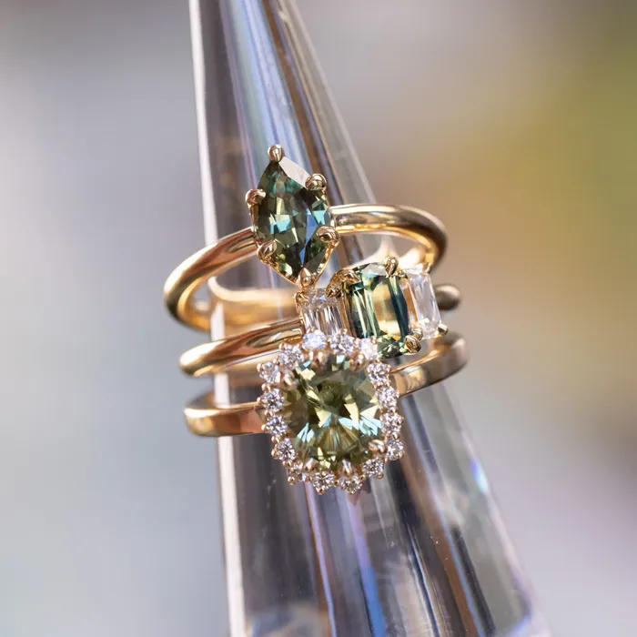 087ct Modern Elongated Cushion Australian Sapphire and Matching Diamond Three Stone Low Profile Ring in 18k Yellow Gold Armfest sapphires Rings