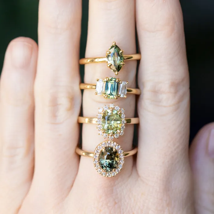 087ct Modern Elongated Cushion Australian Sapphire and Matching Diamond Three Stone Low Profile Ring in 18k Yellow Gold Armfest sapphires Rings