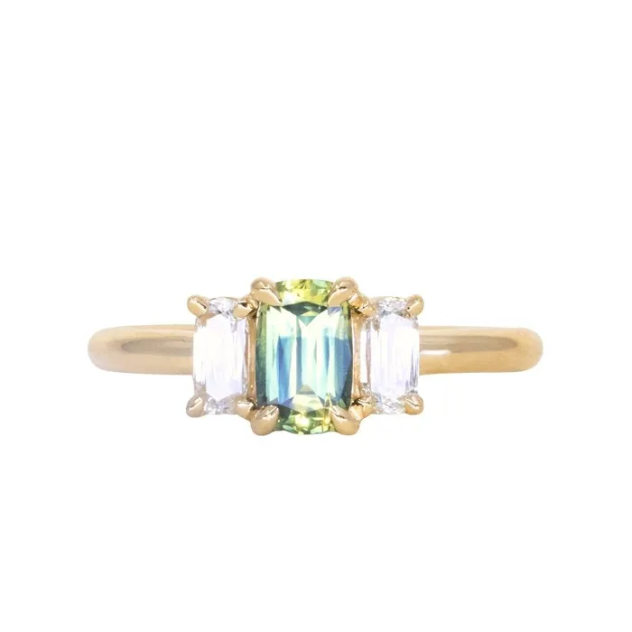 087ct Modern Elongated Cushion Australian Sapphire and Matching Diamond Three Stone Low Profile Ring in 18k Yellow Gold Armfest sapphires Rings