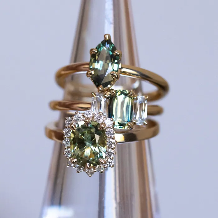 087ct Modern Elongated Cushion Australian Sapphire and Matching Diamond Three Stone Low Profile Ring in 18k Yellow Gold Armfest sapphires Rings