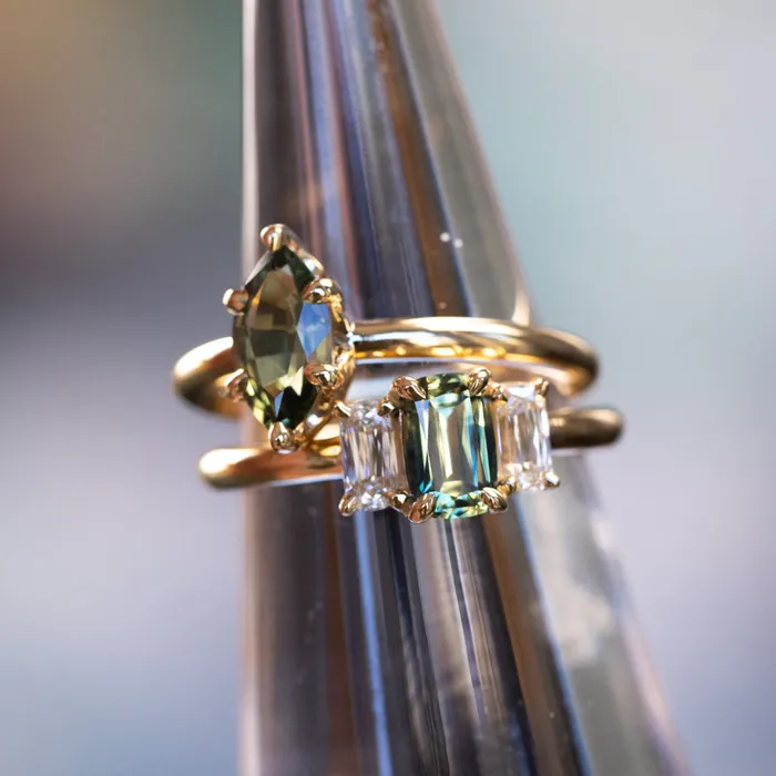 087ct Modern Elongated Cushion Australian Sapphire and Matching Diamond Three Stone Low Profile Ring in 18k Yellow Gold Armfest sapphires Rings
