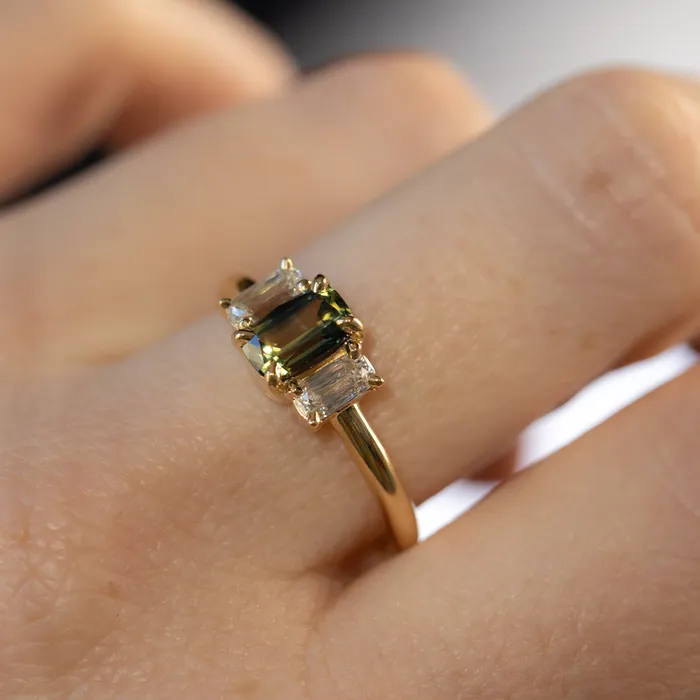 087ct Modern Elongated Cushion Australian Sapphire and Matching Diamond Three Stone Low Profile Ring in 18k Yellow Gold Armfest sapphires Rings
