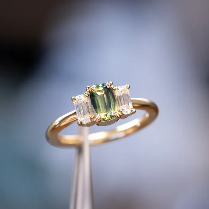 087ct Modern Elongated Cushion Australian Sapphire and Matching Diamond Three Stone Low Profile Ring in 18k Yellow Gold Armfest sapphires Rings