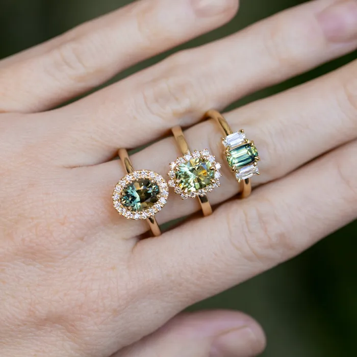 087ct Modern Elongated Cushion Australian Sapphire and Matching Diamond Three Stone Low Profile Ring in 18k Yellow Gold Armfest sapphires Rings