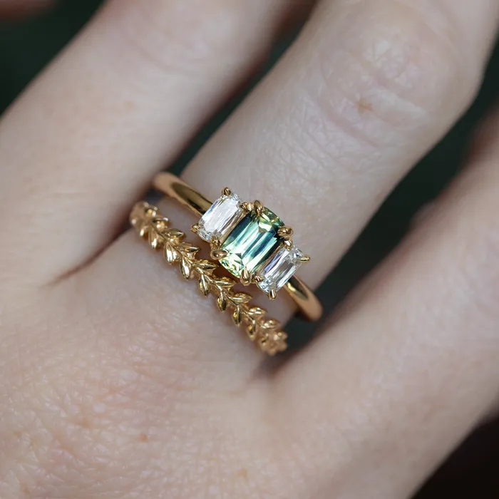 087ct Modern Elongated Cushion Australian Sapphire and Matching Diamond Three Stone Low Profile Ring in 18k Yellow Gold Armfest sapphires Rings