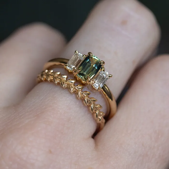 087ct Modern Elongated Cushion Australian Sapphire and Matching Diamond Three Stone Low Profile Ring in 18k Yellow Gold Armfest sapphires Rings
