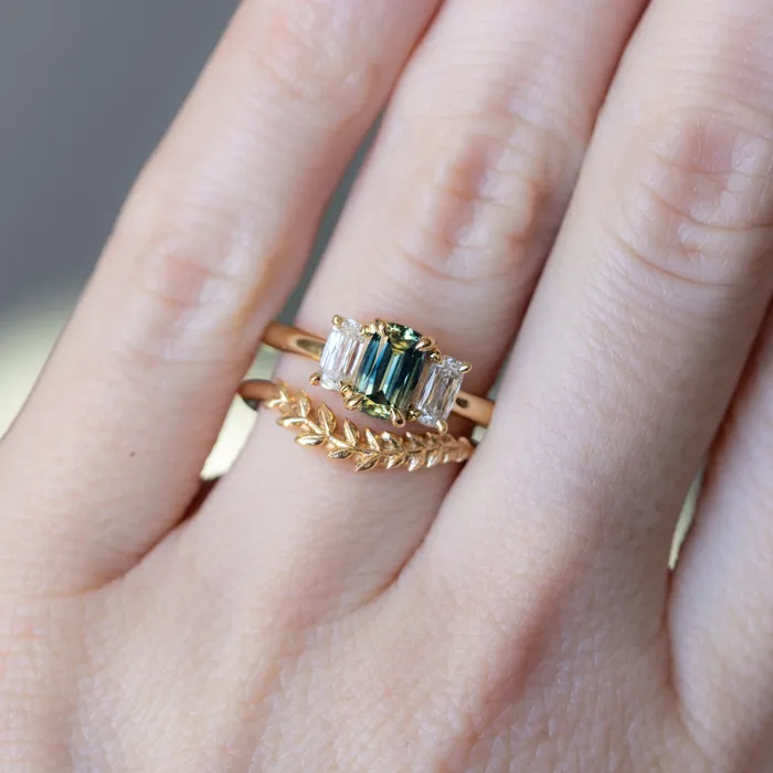 087ct Modern Elongated Cushion Australian Sapphire and Matching Diamond Three Stone Low Profile Ring in 18k Yellow Gold Armfest sapphires Rings